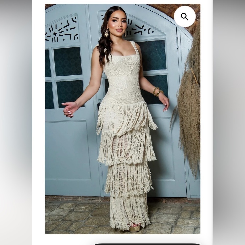 NWT Incredible Cream Crotchet Maxi Dress w/ Lots of Fringe Details Retail $1699!